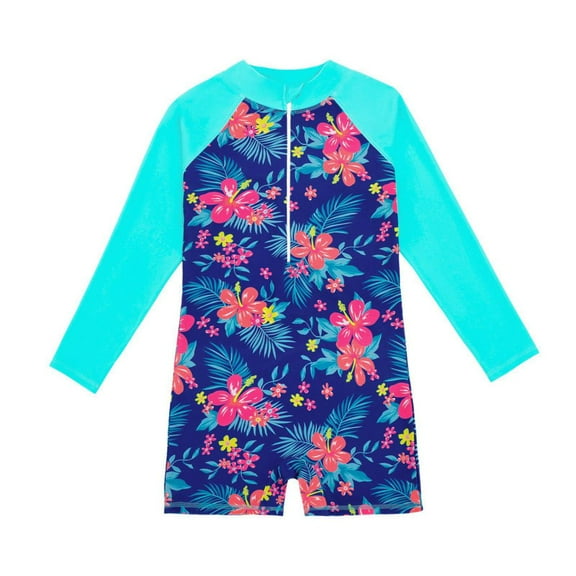 Kids Girls One Piece Zipper Swimsuit Long Sleeve Swimwear Bathing Suit Rash Guard 4-12 Years