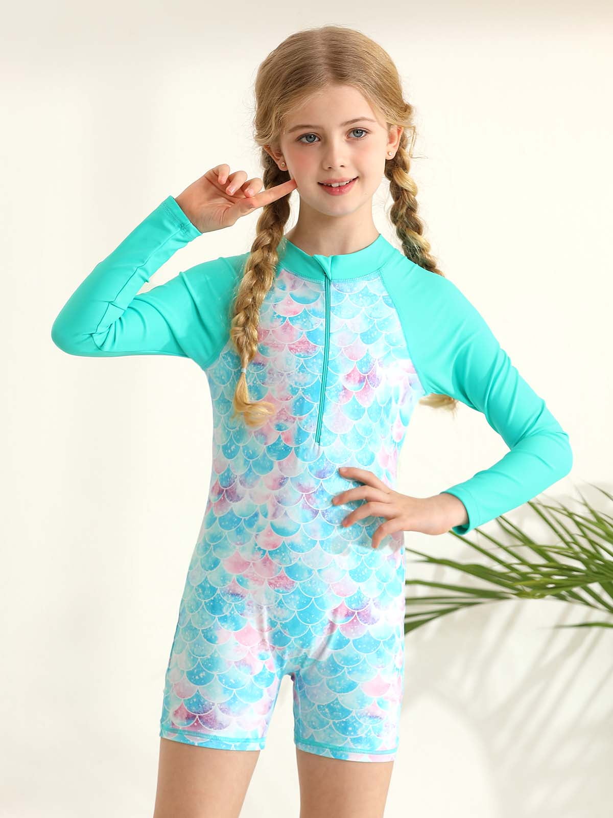 Kids Girls One Piece Zipper Swimsuit Long Sleeve Swimwear