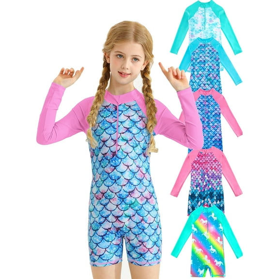 Kids Girls One Piece Zipper Swimsuit Long Sleeve Swimwear Bathing Suit Rash Guard 4-12 Years