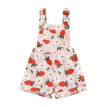 Kids Girls Overalls Strawberry/Flower Print Denim Sleeveless Straps Buttons Pockets Shortall Summer Romper Jumpsuit