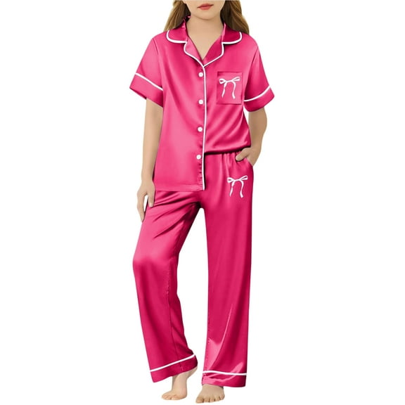 Kids Girls Pajama Set Bowknot Print Short Sleeve Button Down Top Pants Set Classic Pajamas Set Cute Clothes for Girls 11-12 years