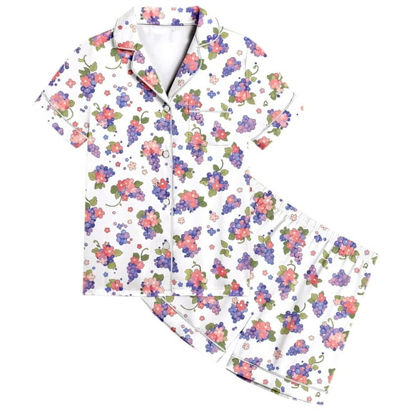 Kids Girls Pajama Set Fruit Print 2 Piece Set Short Sleeve Button Down Sleepwear with Shorts Set Summer Pjs for Girls Girls Silk Pajamas Size 6-7 Years