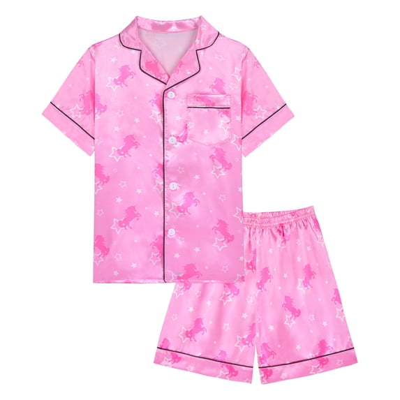 Kids Girls Pajama Set Silky PJS Button-Down Sleepwear Nightwear Loungewear Clothes Set Gift