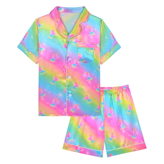 Kids Girls Pajama Set Silky PJS Button-Down Sleepwear Nightwear Loungewear Clothes Set Gift