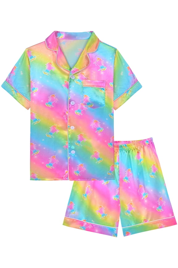 Kids Girls Pajama Set Silky PJS Button-Down Sleepwear Nightwear Loungewear Clothes Set Gift