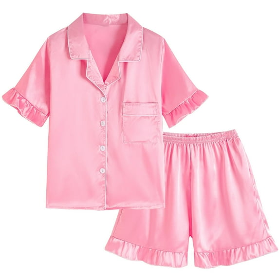 Kids Girls Pajama Set Solid 2 Piece Set Short Sleeve Button-Down Nightwear with Shorts Set Summer Fall Pajamas Kids 5-6 Years Girls Pajamas
