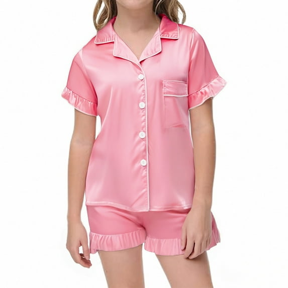 Kids Satin Pajamas Kids Girls Boys Solid 2 Piece Set Short Sleeve Button Down Shirts Shorts Set Christmas Pajamas Kids Size 5-6 Years Girls Pajamas