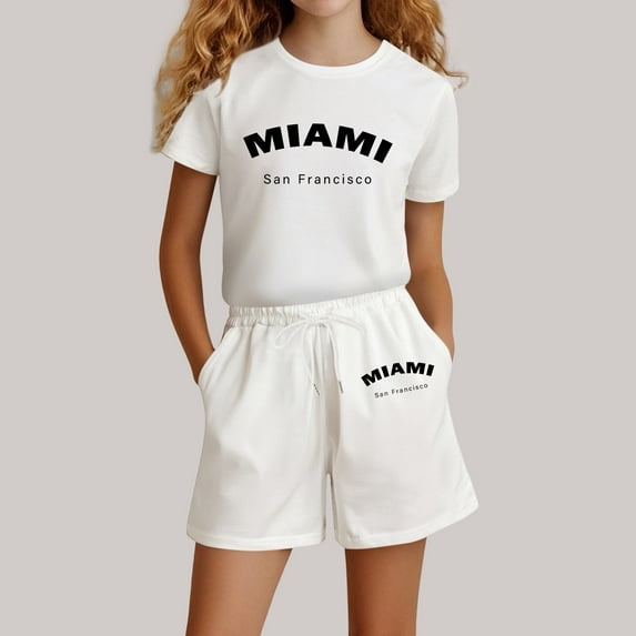 Kids Girls Pajamas Set Kids Letter Printed Crewneck Soft Short Sleeve Comfort T Shirt Top and Shorts Set Girls Casual Pajamas Set Kids Pjs for Girls Size 7-8 Years