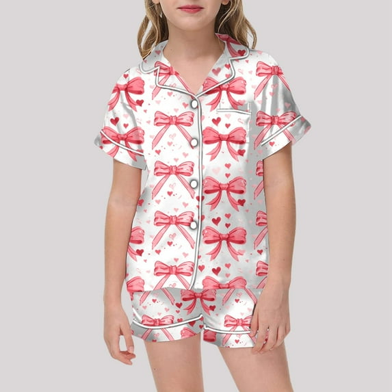 Kids Girls Pajamas Set Silk Satin Bow Print 2 Piece Short Sleeve Button Down Sleepwear with Shorts Set Girls Summer Fall Clothes 8-9 Years Girls Pajamas