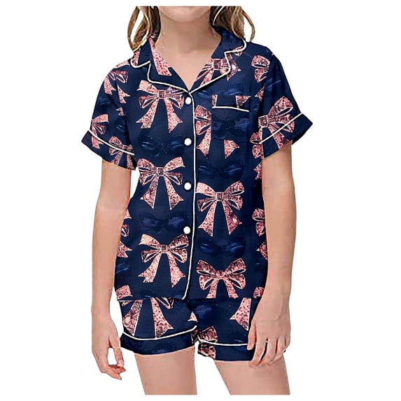 Kids Girls Pajamas Set Silk Satin Bow Print Short Sleeve Button-Down Top Shorts Set Girls Summer Clothes 8-9 Girls Pajamas