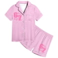 thumbnail image 1 of Kids Girls Pajamas Set Silk Satin Heart Six Seven Meme Creative Graphic Short Sleeve Button Down Shirt Top and Shorts Set Holiday Pajamas Kids Clothes for Girls 10-11 Years, 1 of 4