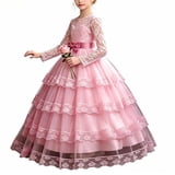 Pink Ruffle Party Dress Kids Girls Party Evening Dress Lace Long Sleeve Maxi Tulle Dress Ruffle ...