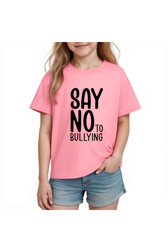 Kids Girls Pink Anti Bullying Say No To Bullying Positive Message Graphic Tee Short Sleeve Crewneck Soft Cotton T-Shirt,Size 5 T