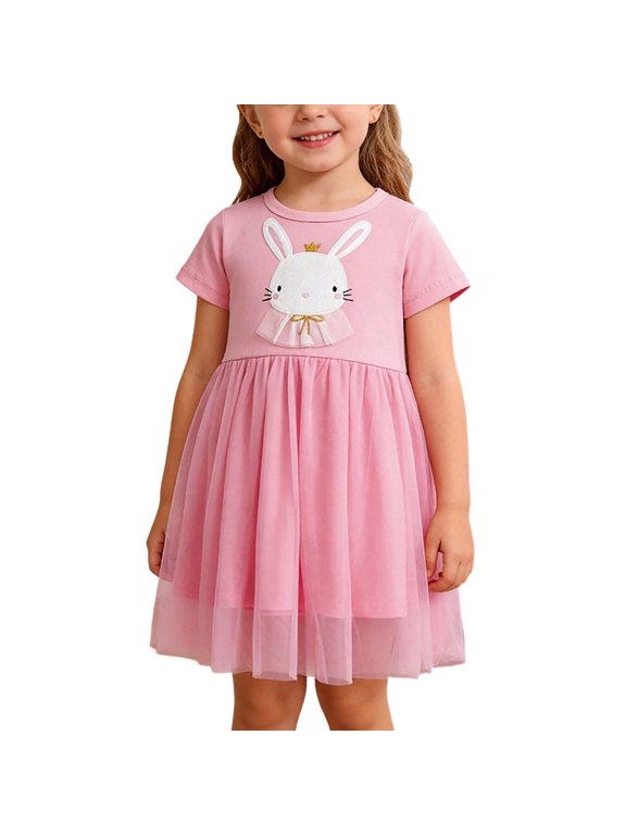 Kids Girls Pink Bunny Applique with Crown Princess Tulle Dress Short Sleeve Easter Birthday Party Outfit,Size 4 T