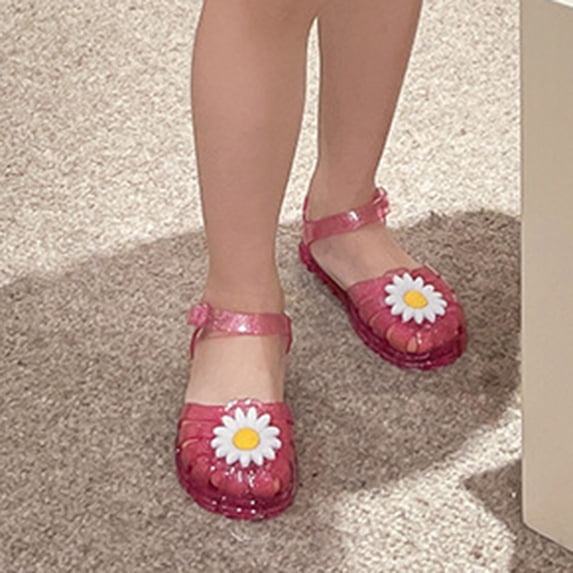Kids Girls Pink Glitter Jelly Sandals Closed Toe Non-Slip Summer Shoes with Daisy Flower,Size 31