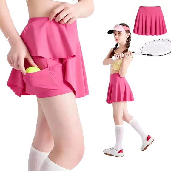 Kids Girls Pink Pleated Tennis Skirt with Shorts High Waist Sport School Uniform Skirts with Pockets 5-6 Years