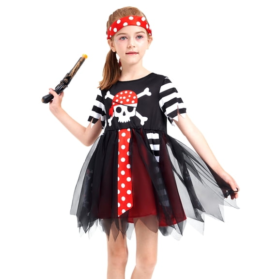 Kids Girls Pirate Costume Buccaneer Fancy Dress up with Accessories 3-10years
