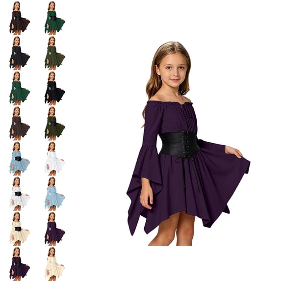 Kids Girls Pirate Dress Bell Sleeves Dresses for Girls with Corset Belt Handkerchief Hem Pirate Themed Party Outfits