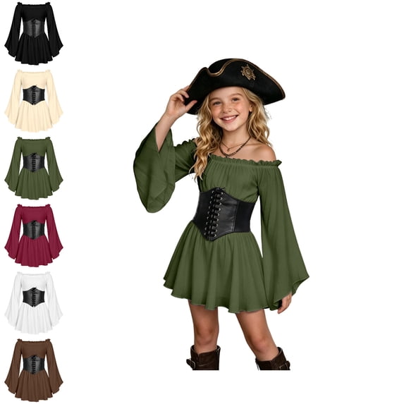 Kids Girls Pirate Dress Off Shoulder Girls Medieval Dress with Corset Belt Flowy Girls Fairy Costume