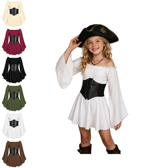 Kids Girls Pirate Dress Off Shoulder Renaissance Fairy Dress with Corset Belt Flowy Kids Girl Dresses