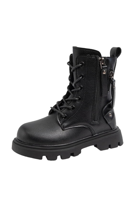 Kids Girls Platform Wide Toe Box Mid Calf Boots Fashion Lug Sole Leather Lace Up Ankle Combat Booties