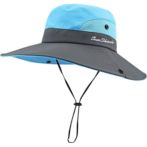 Kids Girls Ponytail Sun Hat Outdoor UV-Protection Foldable Mesh Wide-Brim Beach Bucket-Cap (3-8Years)