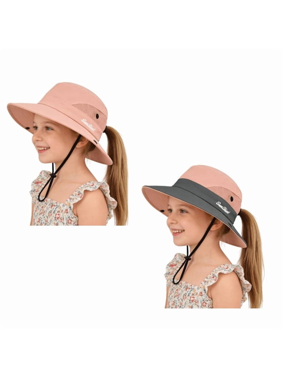 Kids Girls Ponytail Sun Hat, UPF 50+ UV Protection, Quick Dry Foldable Bucket Cap, Adjustable Mesh Hat for Beach Fishing Outdoor Activities