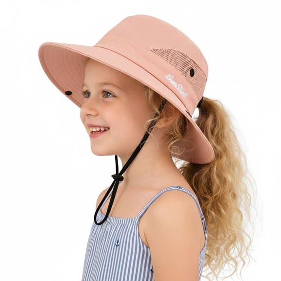 Kids Girls Ponytail Sun Hat, UPF 50 UV Protection, Quick Dry Foldable Bucket Cap, Adjustable Mesh Hat for Beach Fishing Outdoor Activities