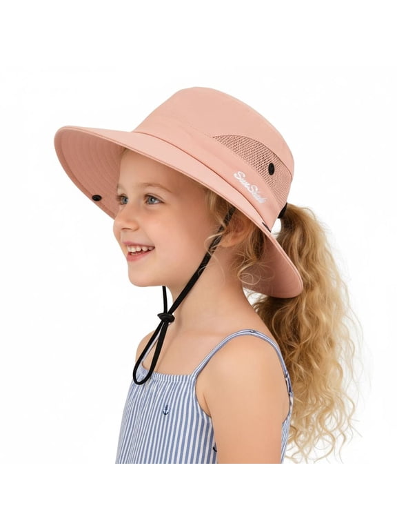 Kids Girls Ponytail Sun Hat, UPF 50+ UV Protection, Quick Dry Foldable Bucket Cap, Adjustable Mesh Hat for Beach Fishing Outdoor Activities