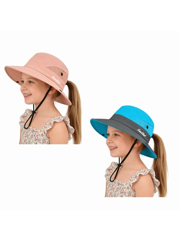 Kids Girls Ponytail Sun Hat, UPF 50+ UV Protection, Quick Dry Foldable Bucket Cap, Adjustable Mesh Hat for Beach Fishing Outdoor Activities