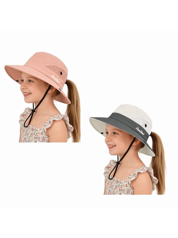 Kids Girls Ponytail Sun Hat, UPF 50+ UV Protection, Quick Dry Foldable Bucket Cap, Adjustable Mesh Hat for Beach Fishing Outdoor Activities