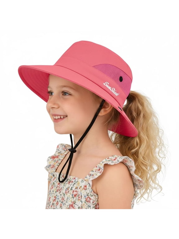 Kids Girls Ponytail Sun Hat, UPF 50+ UV Protection, Quick Dry Foldable Bucket Cap, Adjustable Mesh Hat for Beach Fishing Outdoor Activities