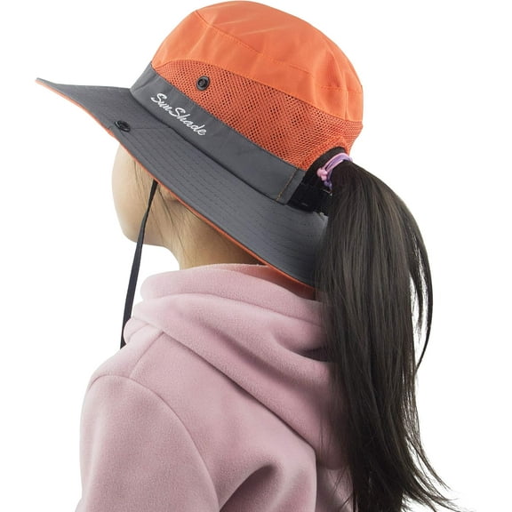 Kids Girls Ponytail Sun Hat Wide Brim UV Protection Summer Bucket Cap
