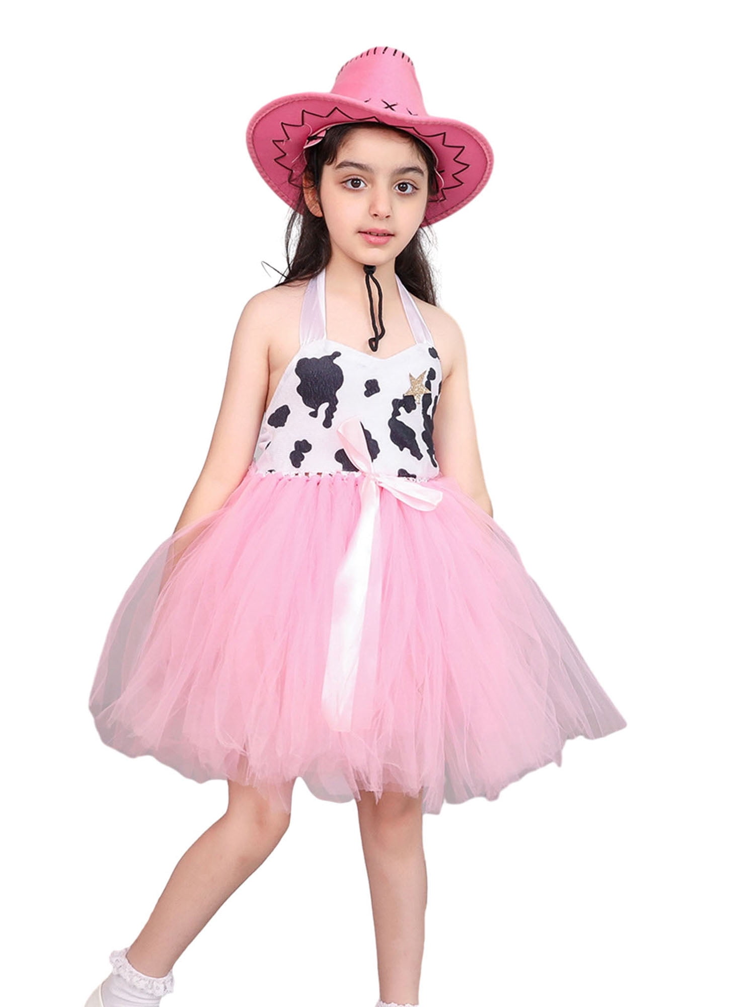 Kids Girls Princess Cowgirl Costumes Cow Pattern Sleeveless Tulle Tutu ...