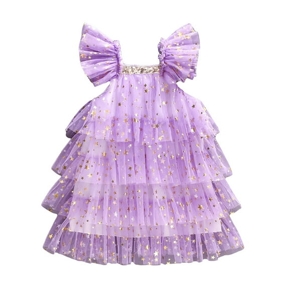 Kids Girls Princess Dress Stars Sequins Fly Sleeve Tiered Ruffles Dress Summer Clothes Pageant Party Dress