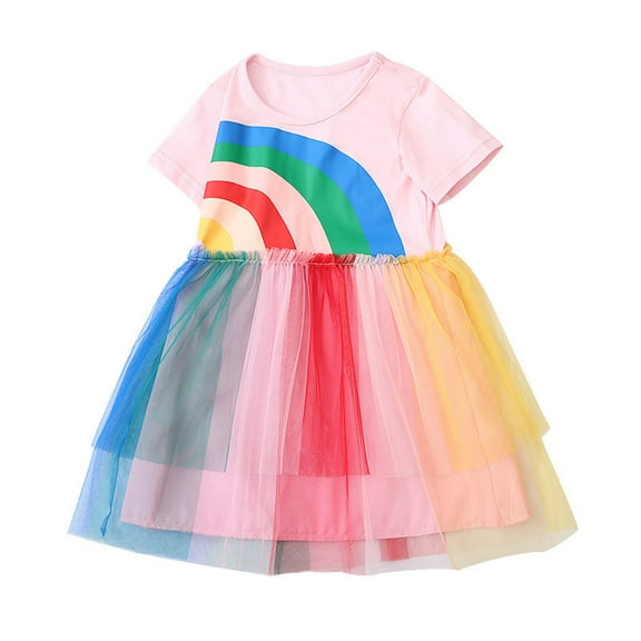 Kids Girls Princess Dress Toddler Baby Girl Summer Rainbow Tulle Dress Cotton Short Sleeve Sundress 2 To7 Years