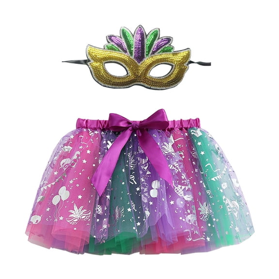 Kids Girls Printed Mesh Tutu Skirt & Sequin Eye Mask Set – Carnival Festive Summer Party Dance Ballet Skirt for 2-11 Years Old Performance Dress-Up Outfits