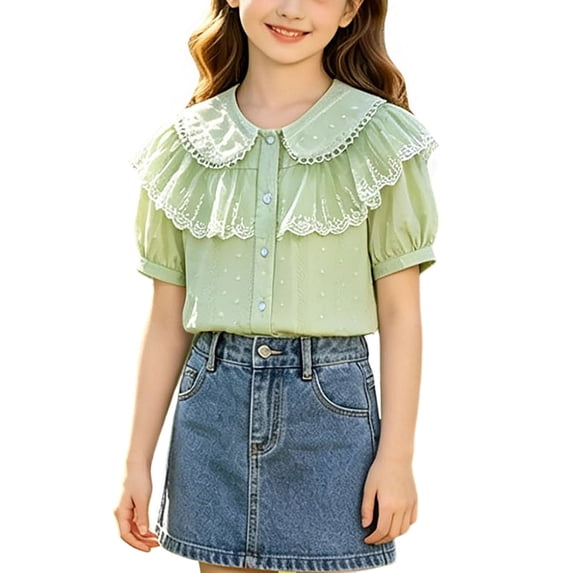 Kids Girls Puff Sleeve Button Down Shirts Kids Peter Pan Collar Blouse School Uniform Shirt 3-14Y Green