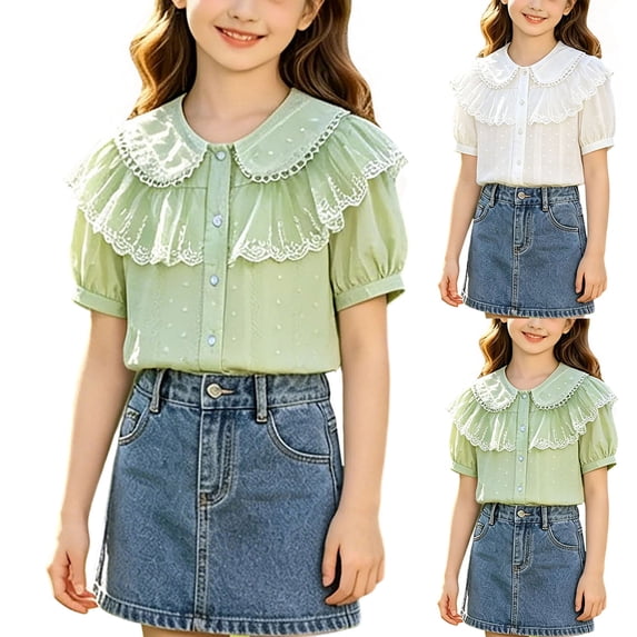 Kids Girls Puff Sleeve Button Down Shirts Kids Peter Pan Collar Blouse School Uniform Shirt 3-14Y White