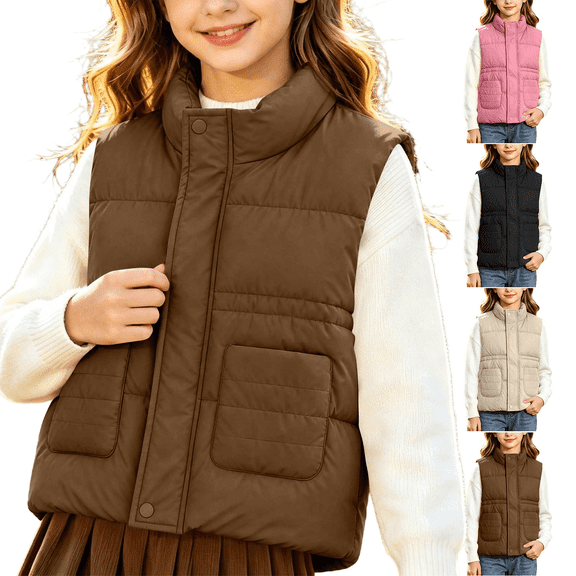 Kids Girls Puffer Vest Casual Sleeveless Zip Button Coat with Pockets Fall Winter Warm Gilet for 2-10 Years