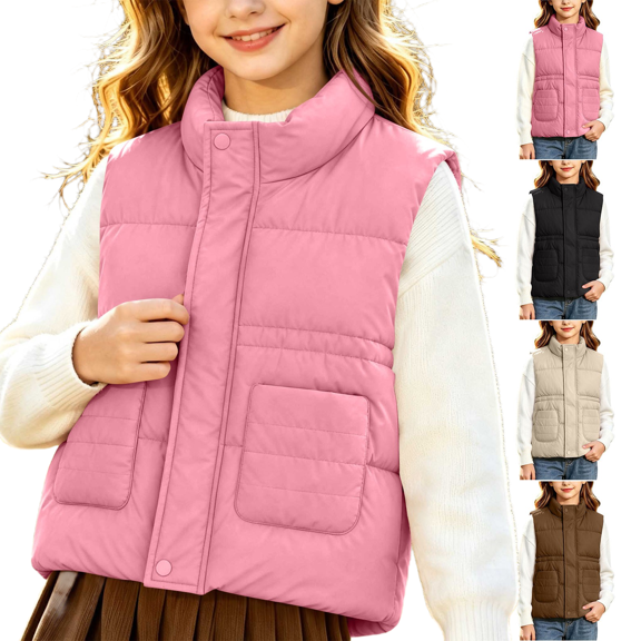Kids Girls Puffer Vest Casual Sleeveless Zip Button Coat with Pockets Fall Winter Warm Gilet for 2-10 Years