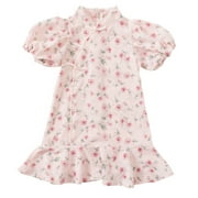 Kids Girls Qipao Cheongsam Puff Sleeve Floral Party Princess Dress Summer Toddler Short Sleeves Fishtail Skirt with Pearls Decoration Chinese Style