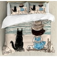 thumbnail image 1 of Kids Girls Queen Size Duvet Cover Set, Little Girl with Panama Hat Sitting on a Bench with Fluffy Cat by the Seaside, Decorative 3 Piece Bedding Set with 2 Pillow Shams, Multicolor, by Ambesonne, 1 of 3
