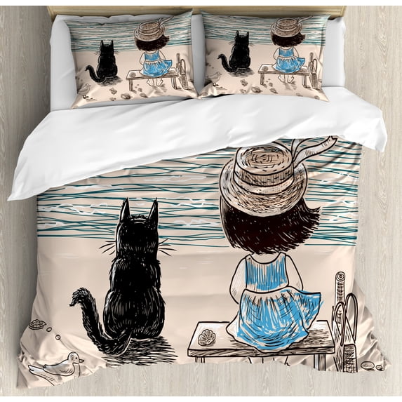 Kids Girls Queen Size Duvet Cover Set, Little Girl with Panama Hat Sitting on a Bench with Fluffy Cat by the Seaside, Decorative 3 Piece Bedding Set with 2 Pillow Shams, Multicolor, by Ambesonne