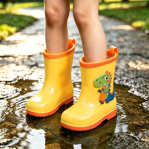 Kids Girls Rain Boots Waterproof Lightweight Dinosaur Non-slip Pull-on Yellow,Size 19