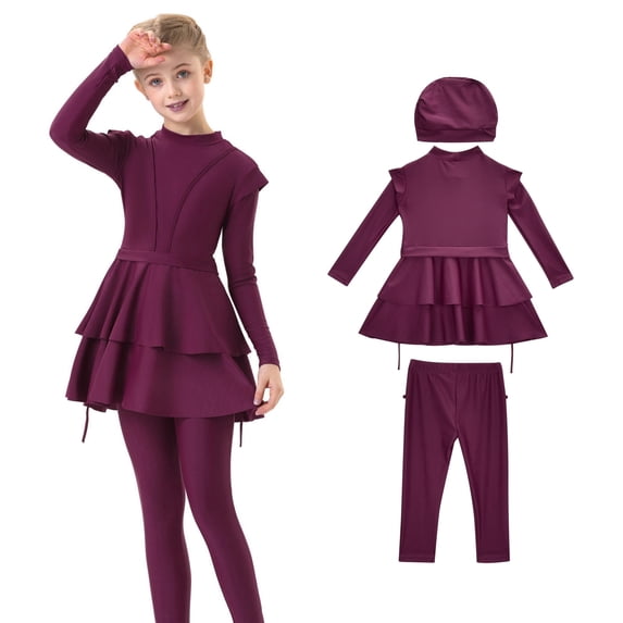 Kids Girls Rash Guard Swimsuit Set Full Cover Swimsuit Girls 3 Piece Swimwear Beachwear Top Pants Cap Quick Dry Beach Summer Swimwear Kids Girls Bathing Suit Size 6-7 Years