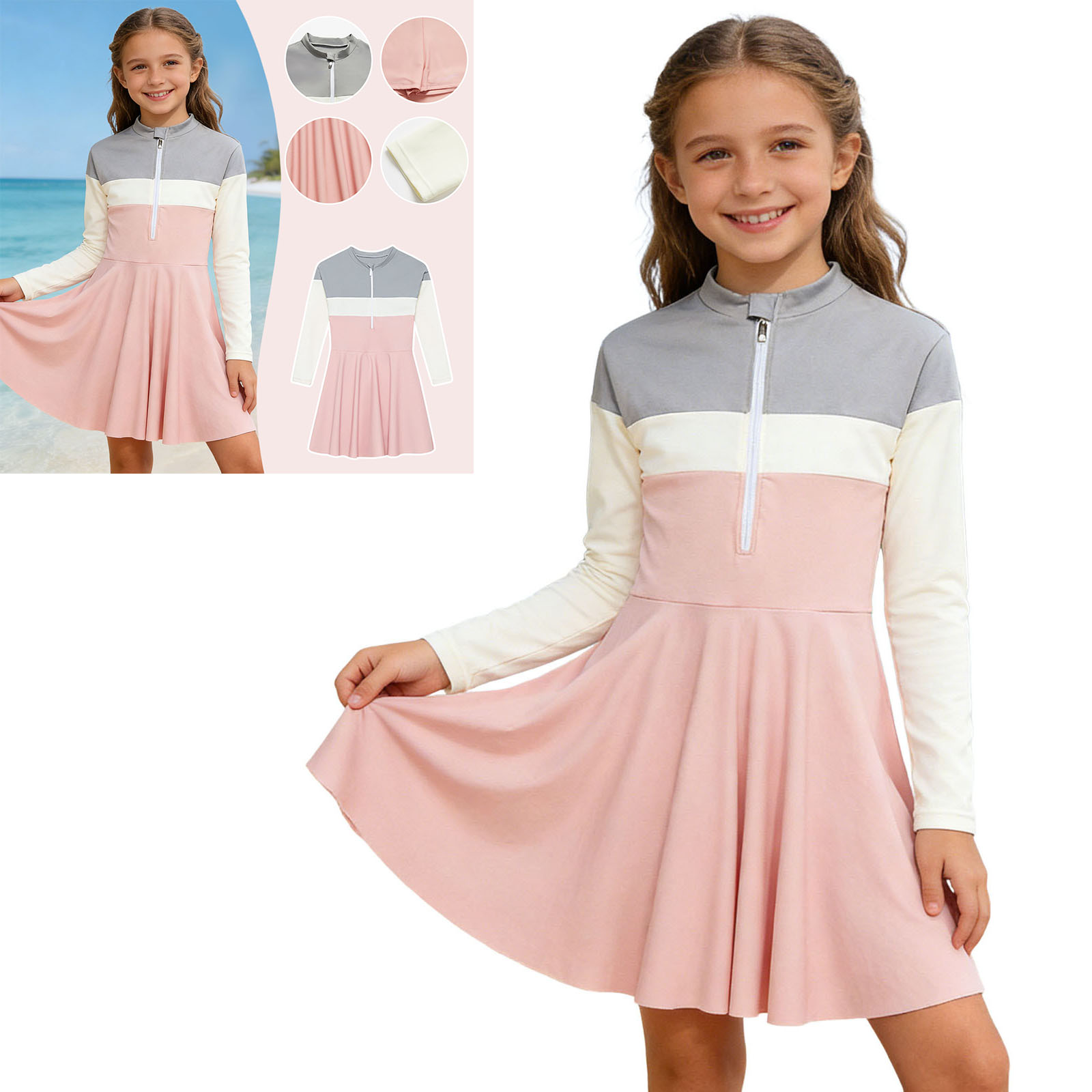 Kids Girls Rash Guard Swimsuit UPF 50+ Long Sleeve Girl Zipper Pink 1 Piece Swim Suit Bathing Suit Training Swim Dress 5-6 Years