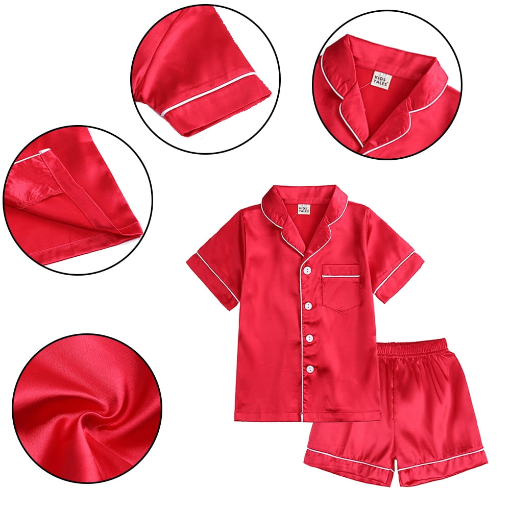 Kids Girls Red Satin Pajamas Set Kids Baby Nightwear Button Down Sleepwear 2 Piece Silky Short Sleeve Pjs for 9M 13T