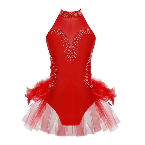 Kids Girls Rhythmic Gymnastics Leotard Dance Jumpsuit Tulle Skirted Skating Bodysuit Performance Costume