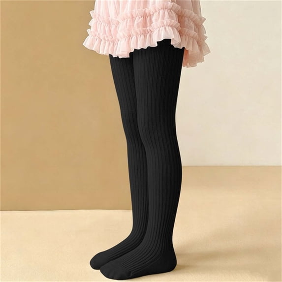 Kids Girls Ribbed Footed Tights - Soft Stretch Opaque for School, Dance, Ballet & Everyday, Black, Sizes 2-7,Size 6-7 T